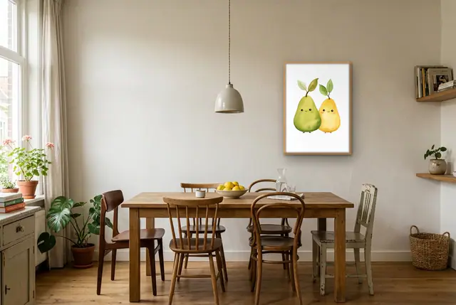 Vrolijke peren poster boven de eettafel