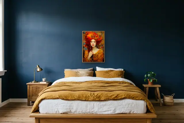 Vrouw rood haar poster boven het bed
