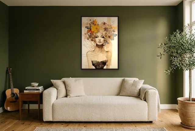 Vrouw met vlinders poster in de woonkamer