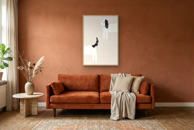 Witte hond poster in de woonkamer