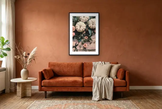 Witte pompoenen poster in de woonkamer