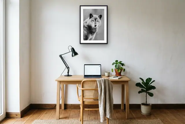 Wolf zwart-wit poster boven het bureau