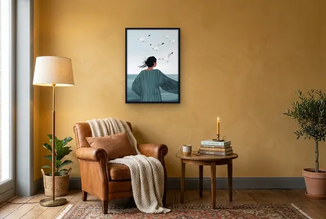 Vrouw aan zee poster in de leeshoek