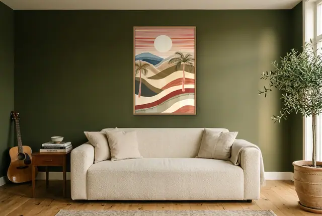 Palmbomen zonsondergang poster in de woonkamer