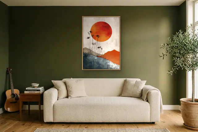 Botanische zonsondergang poster in de woonkamer
