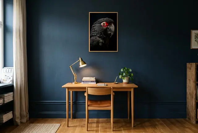 Zwarte papegaai poster boven het bureau