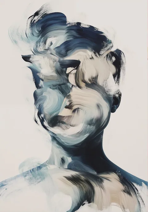 Schilderij van een abstract portret met wervelende penseelstreken in blauw en beige tinten.
