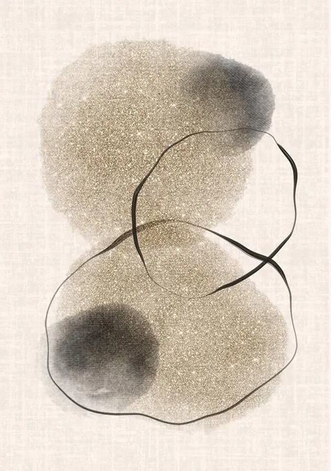 Abstracte compositie van beige en gouden vormen met zwarte lijnen op linnenstructuur.