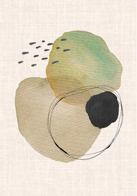 Abstracte aquarel poster met groene en beige organische vormen en zwarte lijnen