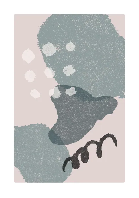 Abstracte poster met organische vormen in groen en blauw op een roze achtergrond