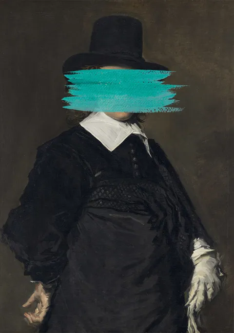 Klassiek schilderij van een man met een turquoise verfstreek over zijn ogen