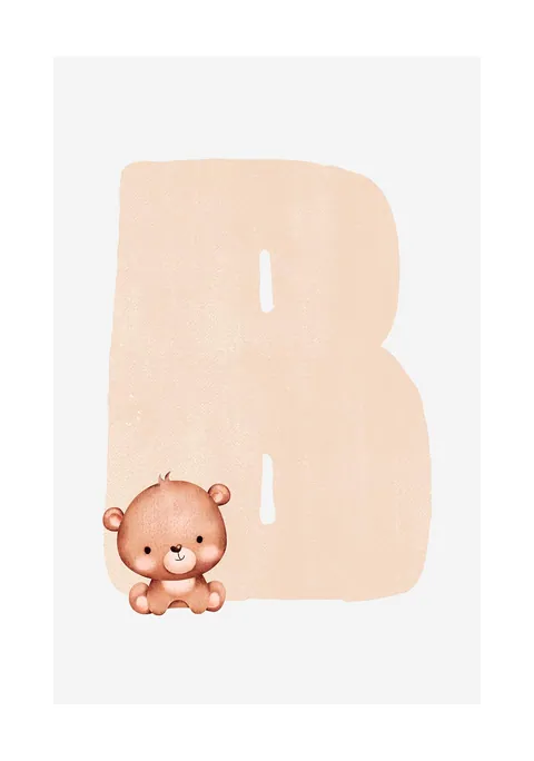 Illustratie van een zachtroze letter B met een klein zittend beertje op witte achtergrond.