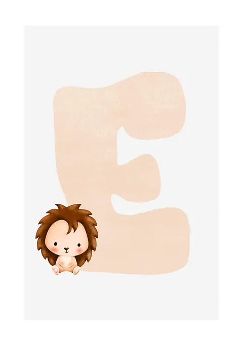 Illustratie van een grote zachte letter E met een kleine egel op witte achtergrond.