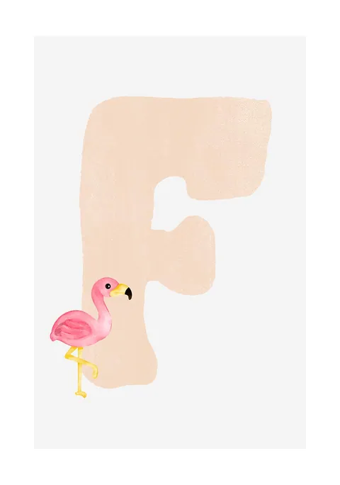 Kinderposter met een grote zachtroze letter F en een kleine roze flamingo.