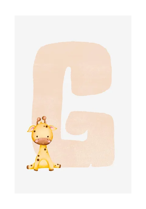 Kinderillustratie van een grote letter G met een zittende giraf op witte achtergrond
