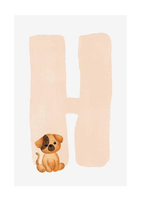 Illustratie van een grote perzikkleurige letter H met een klein bruin hondje