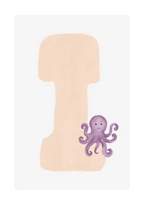 Illustratie van een zachtroze letter I met een kleine paarse inktvis.