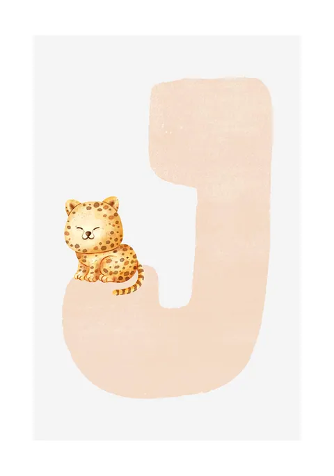 Illustratie van een zachtroze letter J met een kleine zittende jaguar.