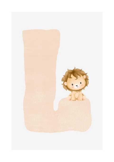 Geïllustreerde letter L in zandkleur met een klein getekend leeuwtje