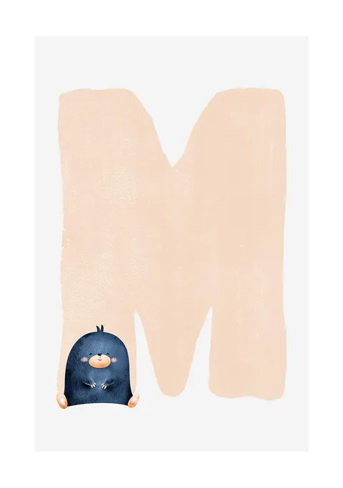 Illustratie van een grote roze letter M met linksonder een klein blauw molletje.