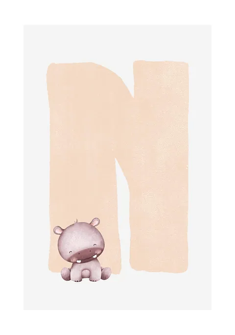 Illustratie van een perzikkleurige letter N met een klein zittend nijlpaardje erbij