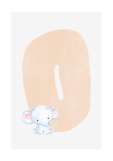 Illustratie van een perzikkleurige letter O met een klein blauw babyolifantje.