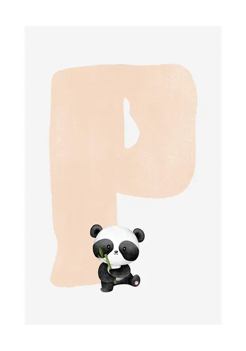 Illustratie van een zachtroze letter P met een kleine panda en bamboe.