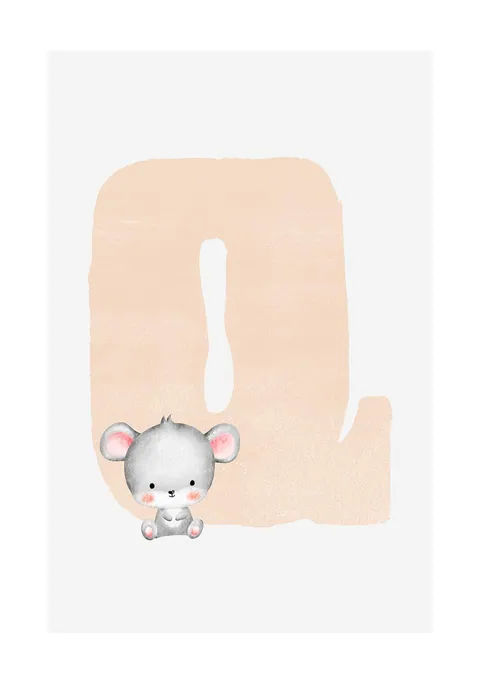 Illustratie van de letter Q in zacht perzik met een klein grijs muisje