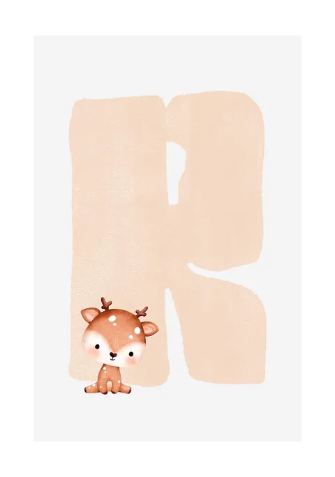Illustratie van een poederroze letter R met een klein zittend hertje.