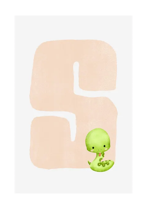 Illustratie van een zachtroze letter S met een klein groen slangetje erbij.