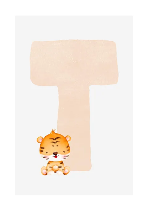 Illustratie van de letter T in perzikkleur met een klein zittend tijgertje erbij