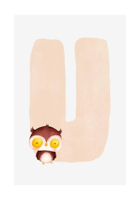 Illustratie van de letter U in poederroze met een klein getekend uiltje