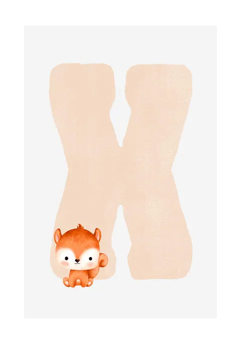 Illustratie van een perzikkleurige letter X met een klein oranje eekhoorntje linksonder.