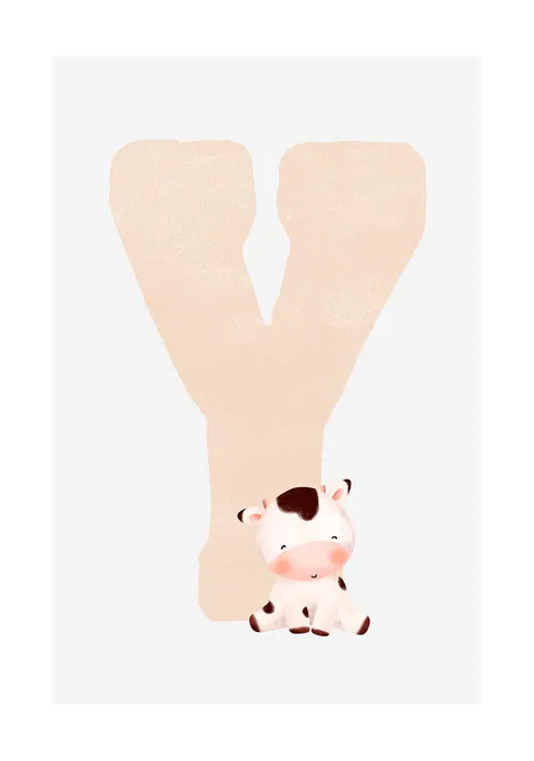 Illustratie van een beige letter Y met een zittend gevlekt kalfje erbij.