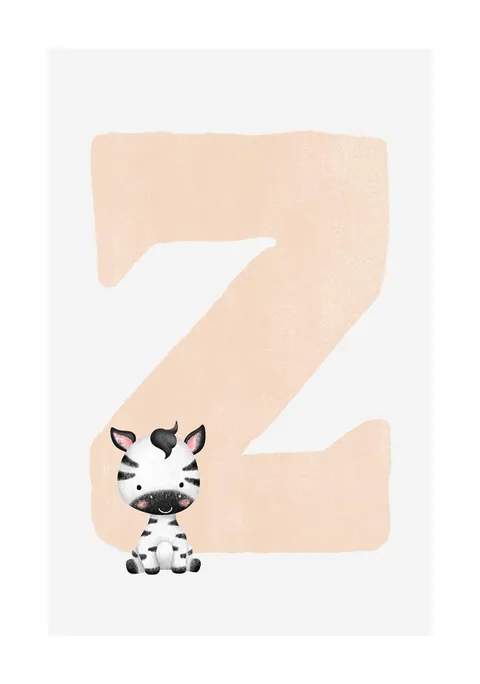 Illustratie van een grote beige letter Z met een kleine getekende zebra.