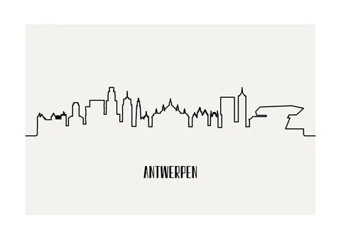 Zwart-wit lijntekening van de skyline van Antwerpen met stadsnaam eronder