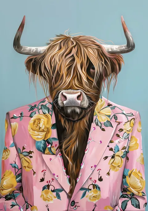 Schildering van een Schotse hooglander in een roze blazer met gele bloemen.