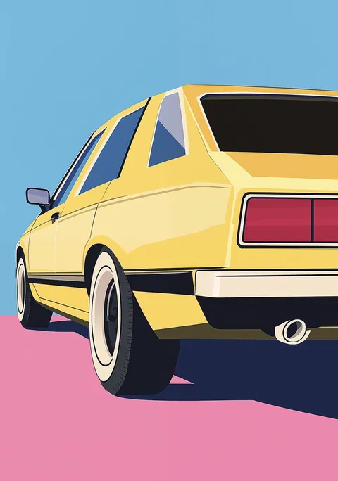 Grafische illustratie van een gele retro auto op een roze ondergrond en blauwe lucht