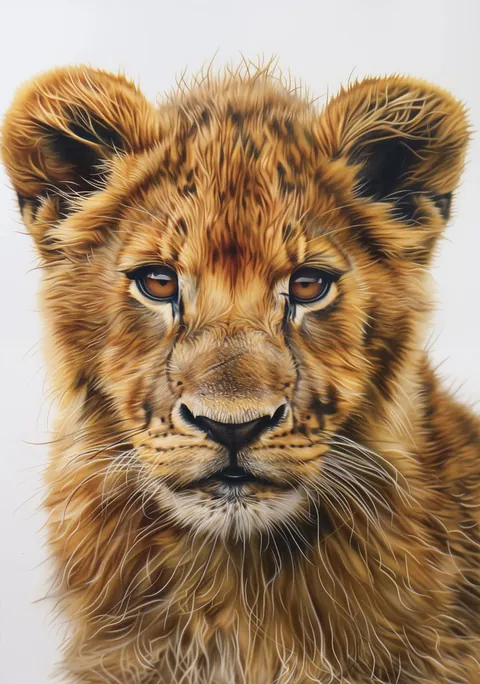 Portret van een jonge leeuwenwelp met goudbruine vacht tegen een witte achtergrond.
