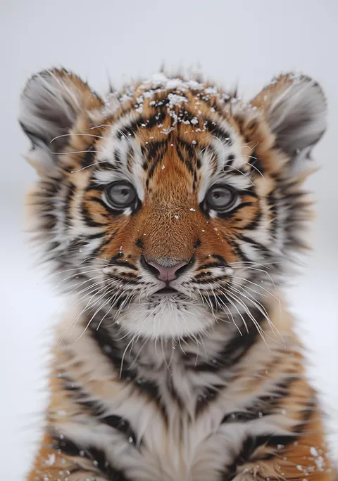 Portret van een jonge babytijger met sneeuwvlokken op zijn vacht.