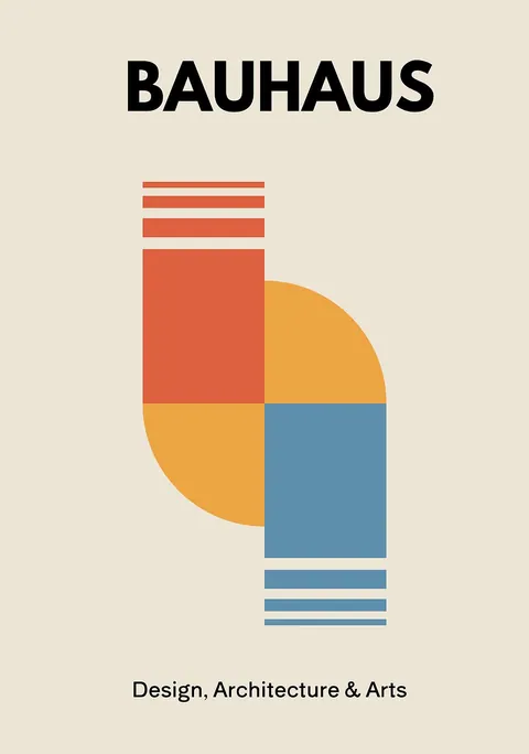 Grafische Bauhaus poster met geometrische vormen in rood, geel en blauw op beige achtergrond.