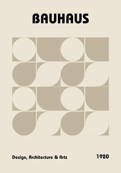 Bauhaus poster met een geometrisch patroon van beige cirkels en bogen.