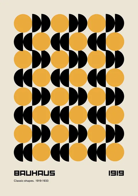 Grafische poster met een patroon van gele cirkels en zwarte halve cirkels.