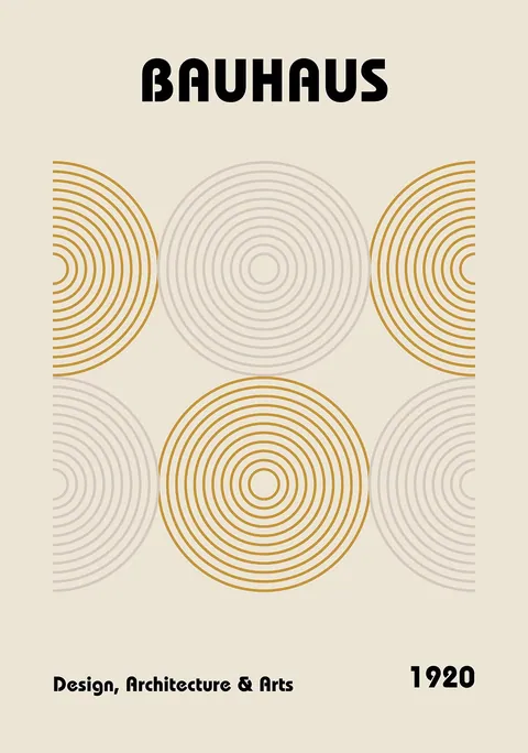 Bauhaus poster met concentrische cirkels in okergeel en grijs op een lichte achtergrond