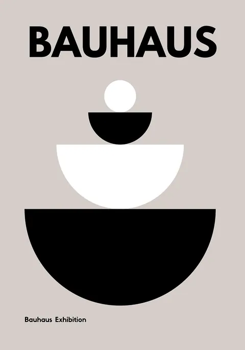 Grafische poster met gestapelde zwarte en witte halve cirkels en de tekst Bauhaus