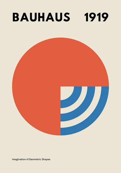 Bauhaus poster met rode cirkel en blauwe booglijnen op beige achtergrond