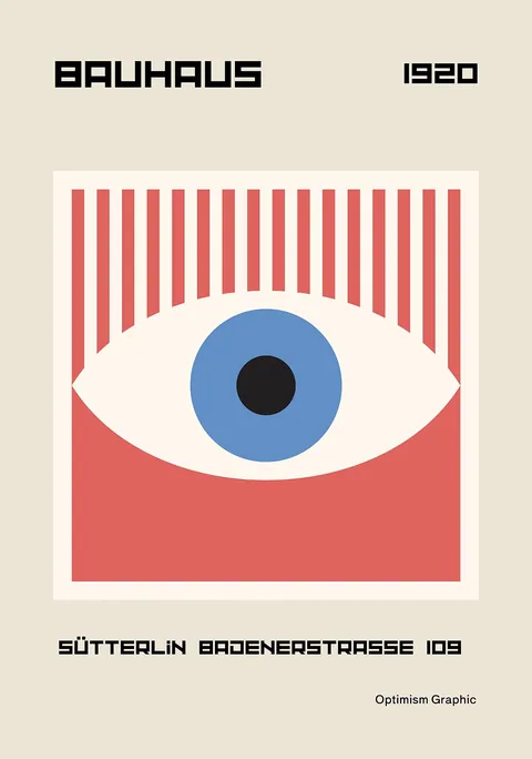 Grafische Bauhaus poster met een blauw oog en rode geometrische vlakken