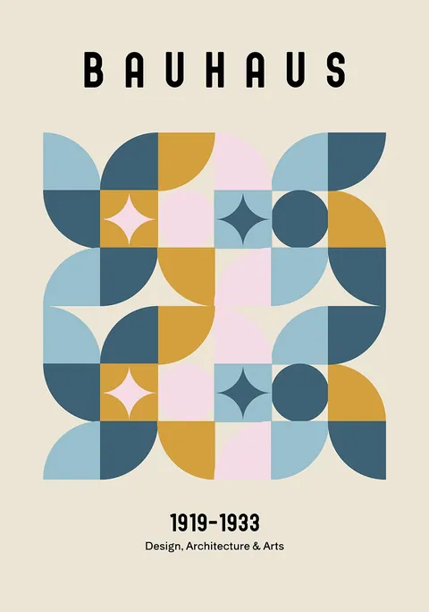Bauhaus poster met geometrische vormen in okergeel, zachtroze en blauwtinten op crème achtergrond.