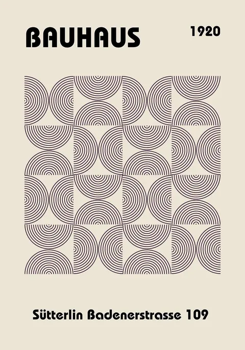 Grafische Bauhaus poster met herhalende geometrische bogen op een beige achtergrond
