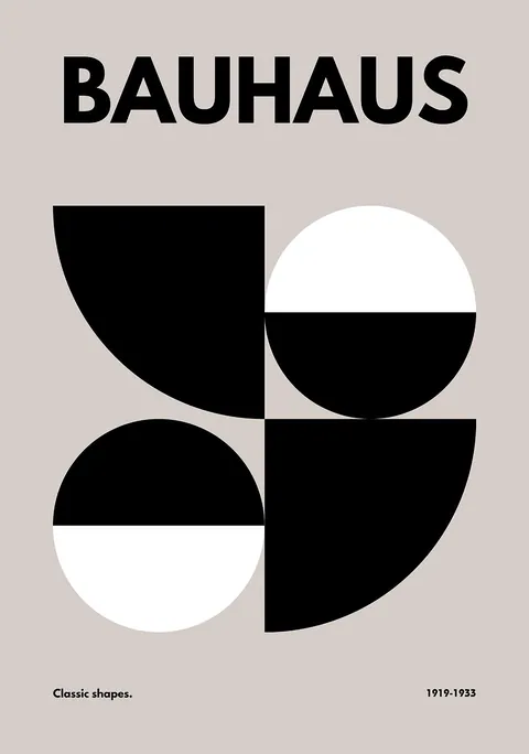Grafische Bauhaus poster met zwarte en witte geometrische cirkels op beige achtergrond.